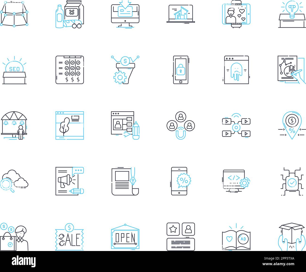 Lineare Symbole für Werbestrategien festgelegt. Werbung, Branding, Nerking, Kundenbindung, Öffentlichkeitsarbeit, Stichprobenverfahren, Swag-Line-Vektor und Konzeptzeichen. Aktivierungen Stock Vektor