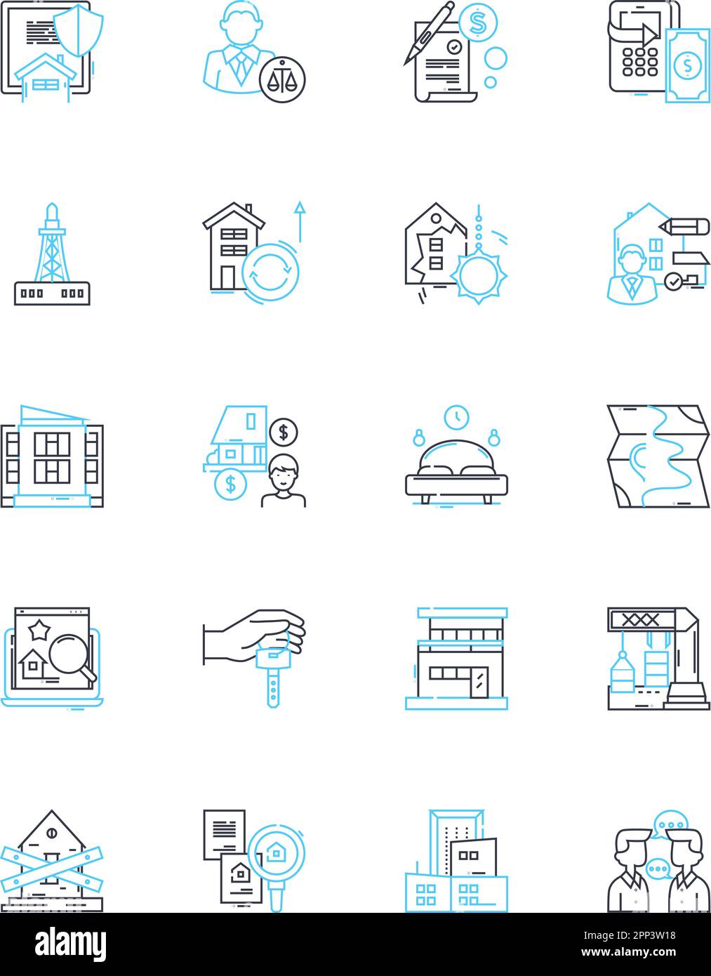 Lineare Symbole für Markteinrichtung festgelegt. Hub, Basar, Einkaufszentrum, Plaza, Center, Arcade, Emporium-Linienvektor und Konzeptzeichen. Marktplatz, Marktplatz, Umriss Stock Vektor