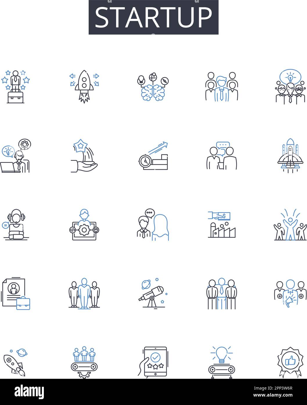 Sammlung der Startsymbole. Agile, Scrum, Wasserfall, Lean, DevOps, Six Sigma, Kanbanvektor und lineare Darstellung. Prinz, Spiral, XP Umrissschilder Stock Vektor