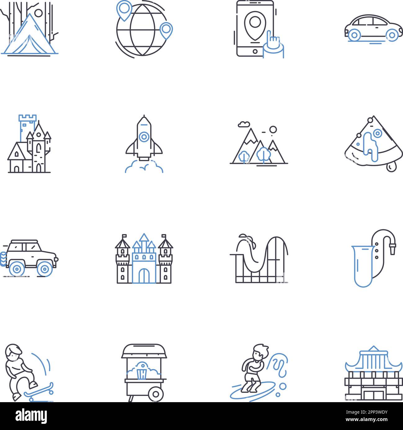 Kollektion mit Symbolen für Kreuzfahrtlinien. Abenteuer, Ozean, Entspannung, Erkundungen, Spaß, Luxus, Küchenvektor und lineare Illustration. Unterhaltung Stock Vektor