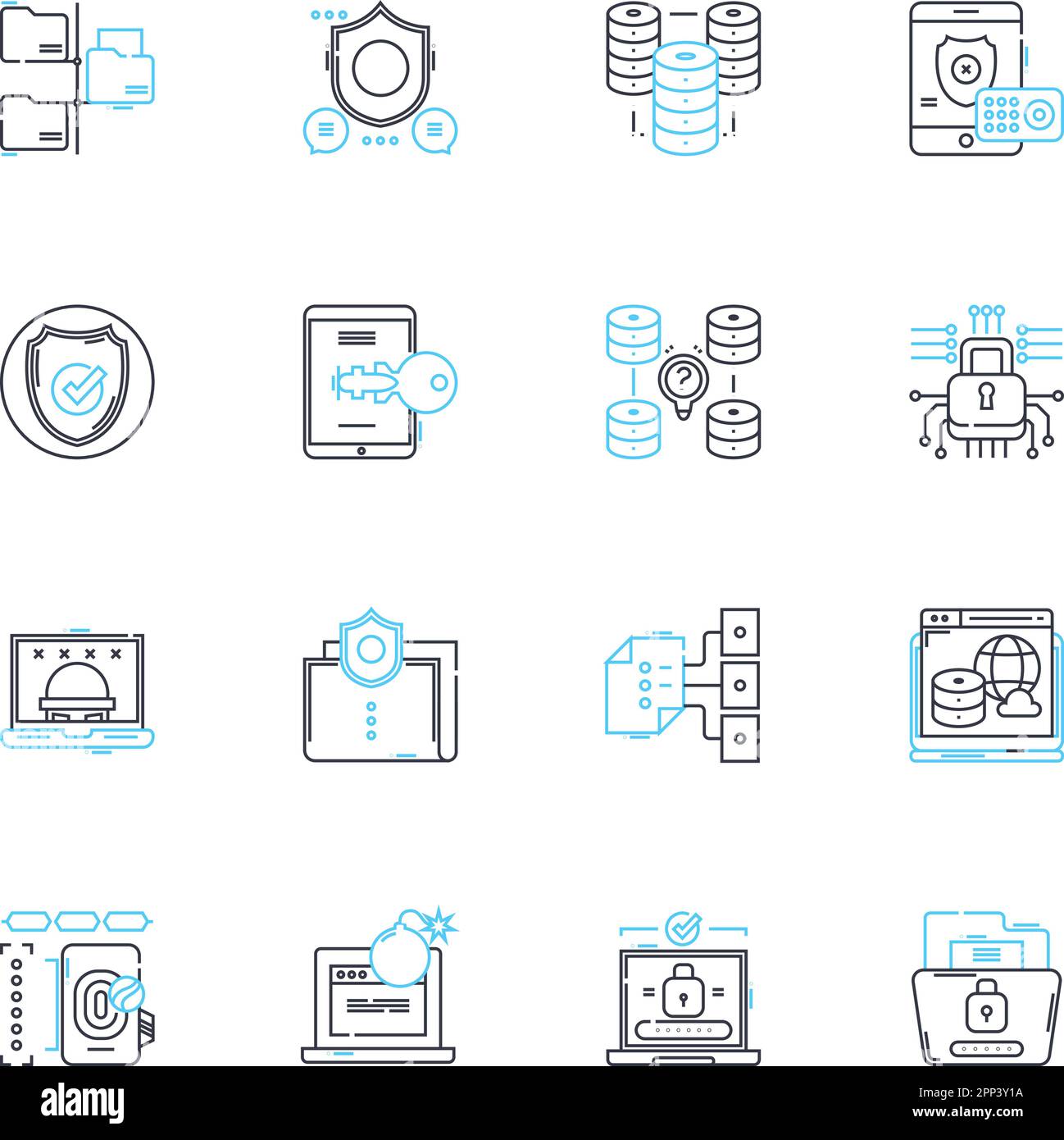 Lineare Symbole für Datenschutz eingestellt. Sicherheit, Verschlüsselung, Sicherheitsverstoß, Schutz, Datenschutz, Anonymisierung, Regellinienvektor und Konzeptzeichen. Compliance Stock Vektor