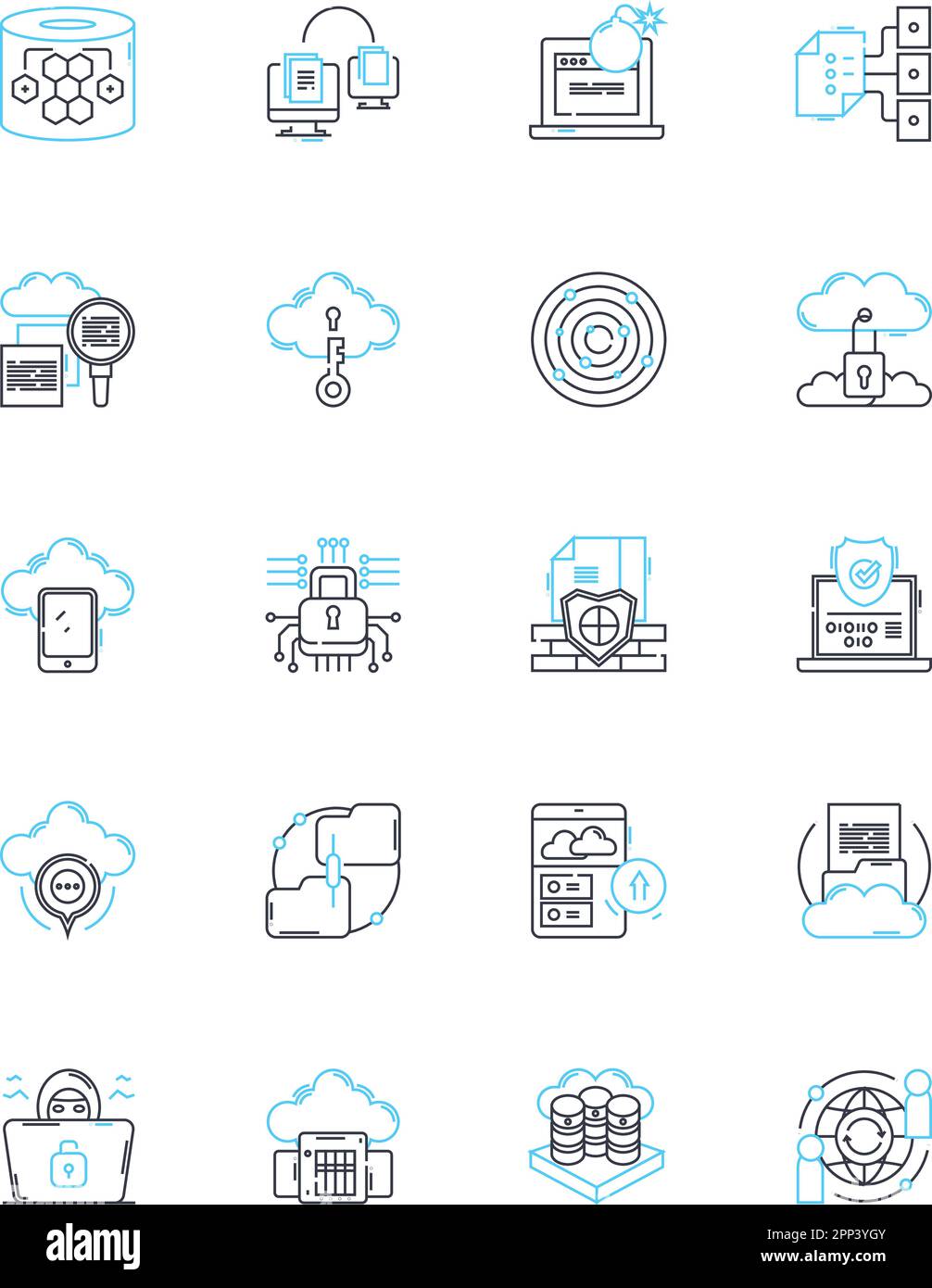 Lineare Symbole für Cybersicherheit festgelegt. Firewall, Verschlüsselung, Malware, Spoofing, Phishing, Hacking, Identitätsdiebstahl Linienvektor und Konzeptschilder. Passwörter Stock Vektor