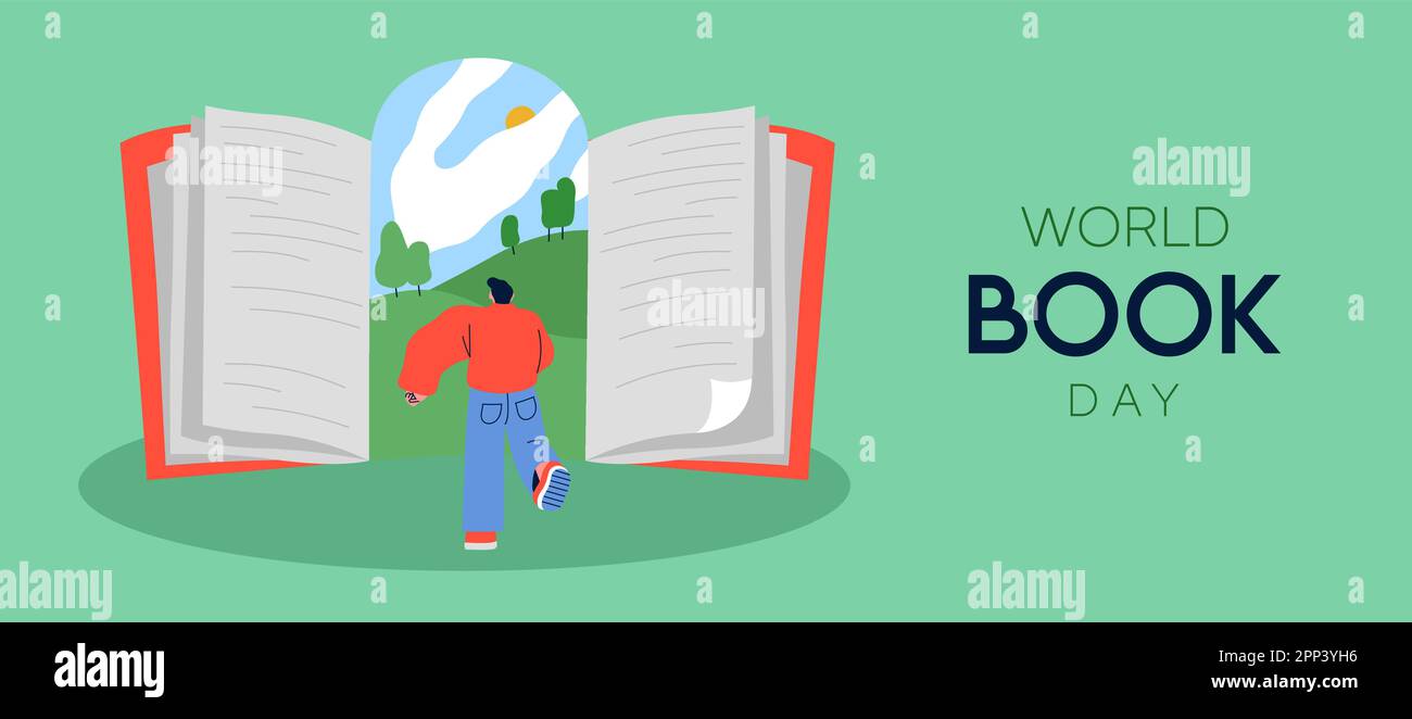 Illustration des World Book Day Banners. Ein junger Mann rennt zur Buchtür der Fantasiewelt. Kreatives Lesekonzept im flachen Cartoon Stock Vektor