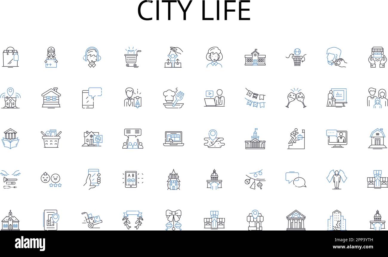 City Life Line Icons Kollektion. Virtualisierung, SaaS, PaaS, IaaS, Bereitstellung, Skalierbarkeit, Flexibilitätsvektor und lineare Darstellung. Elastizität Stock Vektor