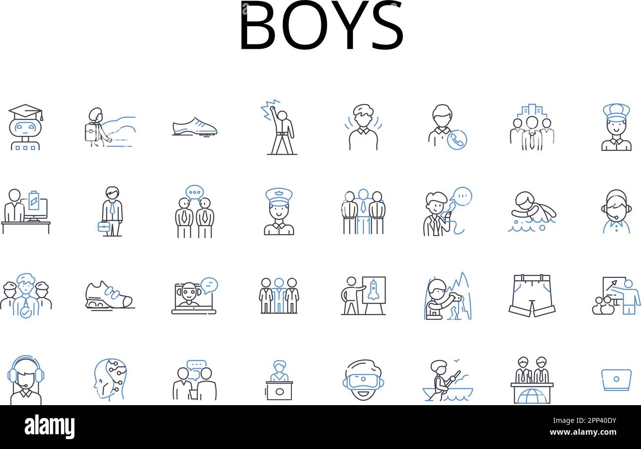 Boys Line Icons Kollektion. Männer, Jungs, Männer, Jungs, Brüder, Jungs, Gentlemen, Vektor und lineare Darstellung. Jungs, Jungs, Söhne umreißen Schilder Stock Vektor