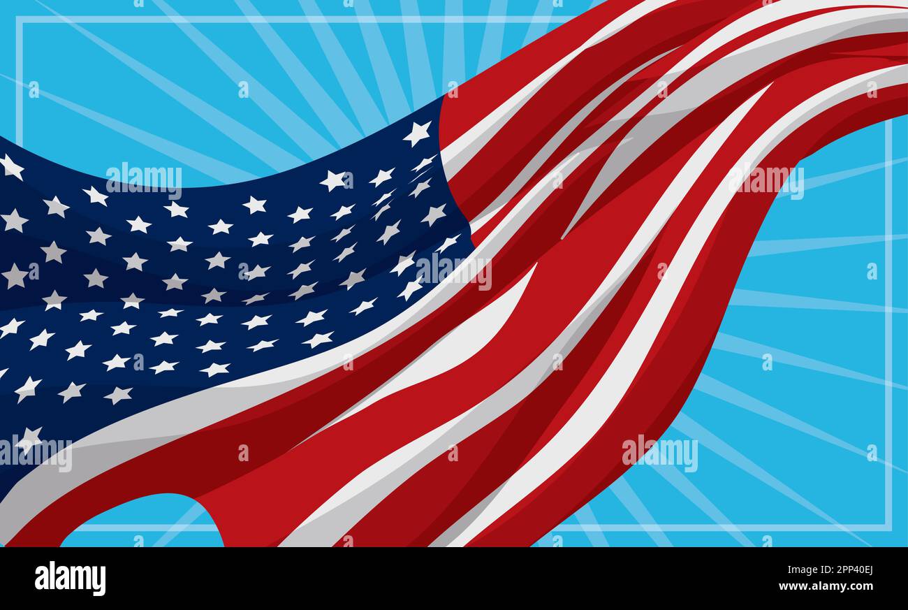 Banner mit blauem Hintergrund und schwenkender amerikanischer Flagge, mit durchsichtigem Rahmen dekoriert. Design im Cartoon-Stil. Stock Vektor