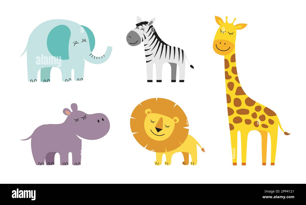 Süße Giraffen, Elefanten, Löwen, Zebras und Nilpferde im Cartoon-Stil. afrikanisches Baby-Wildtier-Set zeichnen. Freundliche, lächelnde Dschungel-Safari-Tiersammlung. Vector eps kreative Grafik handgezeichnete Drucke Stock Vektor