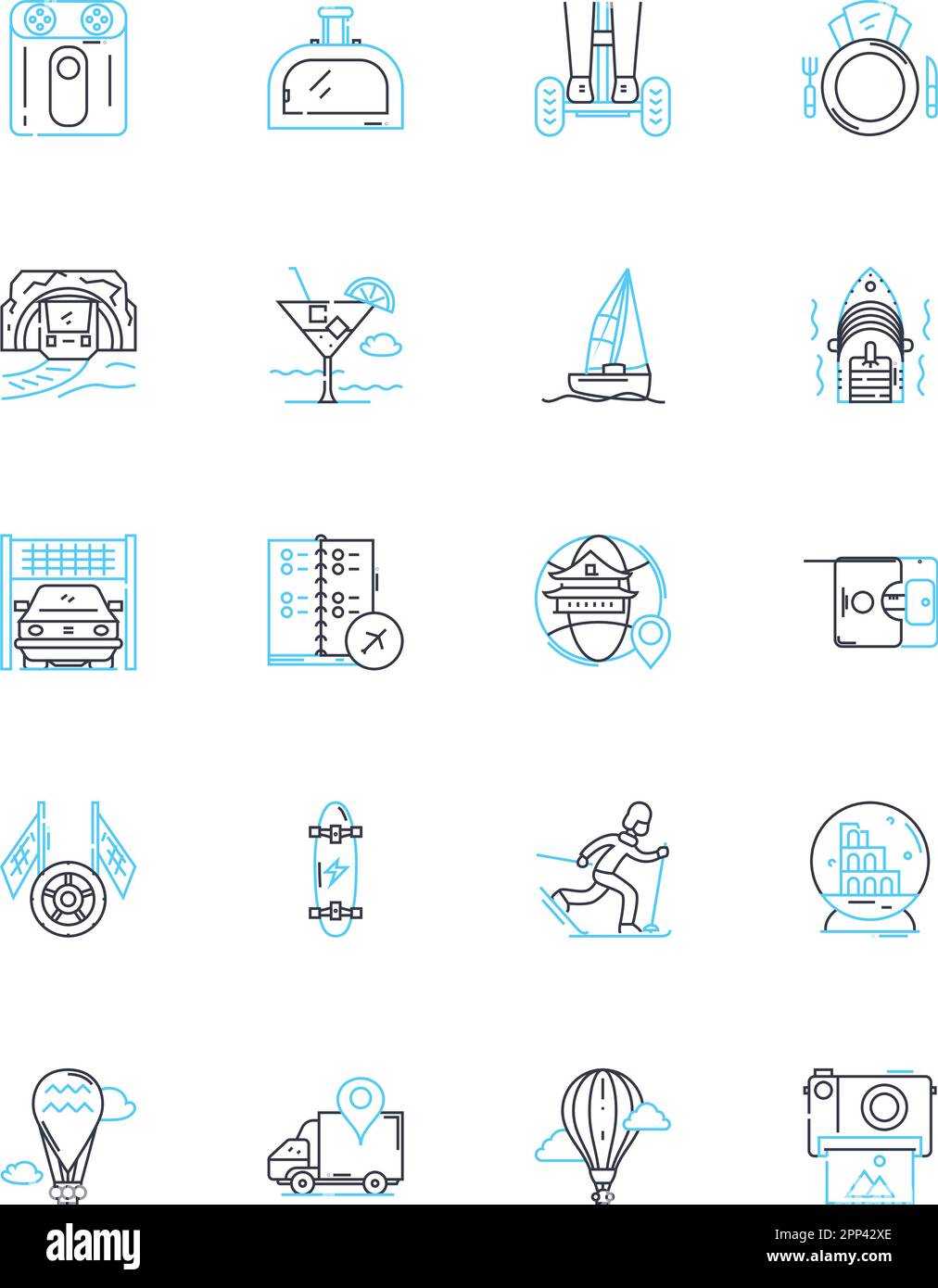 Lineare Symbole für Freizeitreisen eingestellt. Abenteuer, Entspannung, Landschaft, Kultur, Küche, Natur, romantische Linienvektor- und Konzeptzeichen. Nervenkitzel, Erkundung Stock Vektor