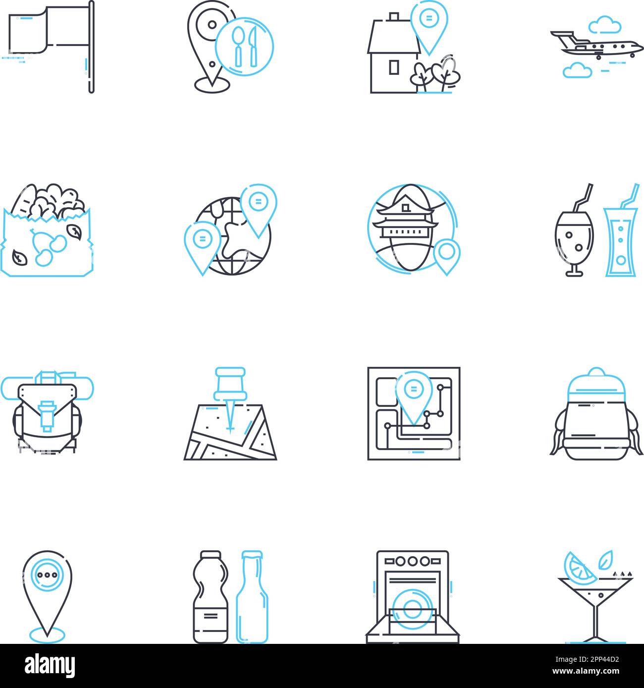 Symbolgruppe für lineare Transporte festgelegt. Auto, Bus, Zug, Fahrrad, Flugzeug, Vektor- und Konzeptschilder für Boote, Motorräder. LKW, Taxi, Roller – Übersichtsabbildungen Stock Vektor