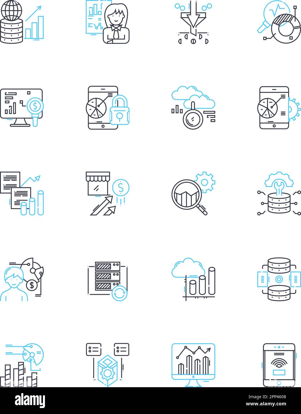 Lineare Symbole für soziale Forschung. Sampling, Analysis, Survey, Quantitative, Qualitative, Daten, demographische Linienvektoren und Konzeptzeichen Stock Vektor