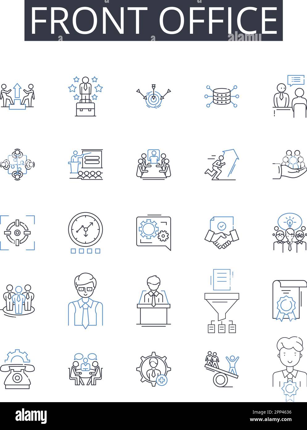 Symbolsammlung für Front-Office-Linien. Backstage-Bereich, Kundenservice, Rezeption, administrative Unterstützung, Executive-Suite, Service Center, Gast Stock Vektor