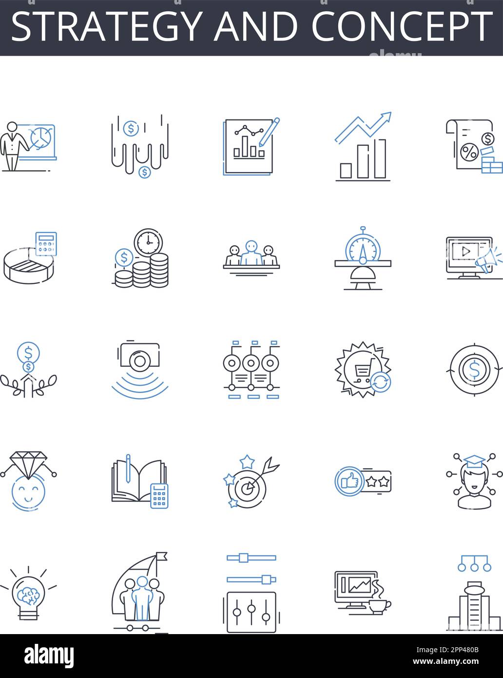 Symbolsammlung für Strategie und Konzeptlinie. Planen und planen, Idee und Gedanken, Ansatz und Methode, Ziel und Ziel, Vision und Mission, System und Stock Vektor