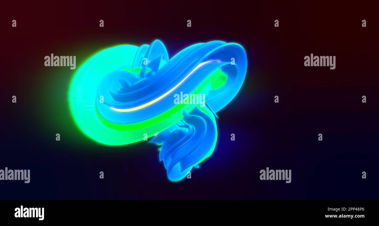 Abstrakte, wunderschöne, helle, mehrfarbige, leuchtende, elektrische, sich drehende Figuren und Spiralen, 3D Linien auf dunklem Hintergrund. Stockfoto