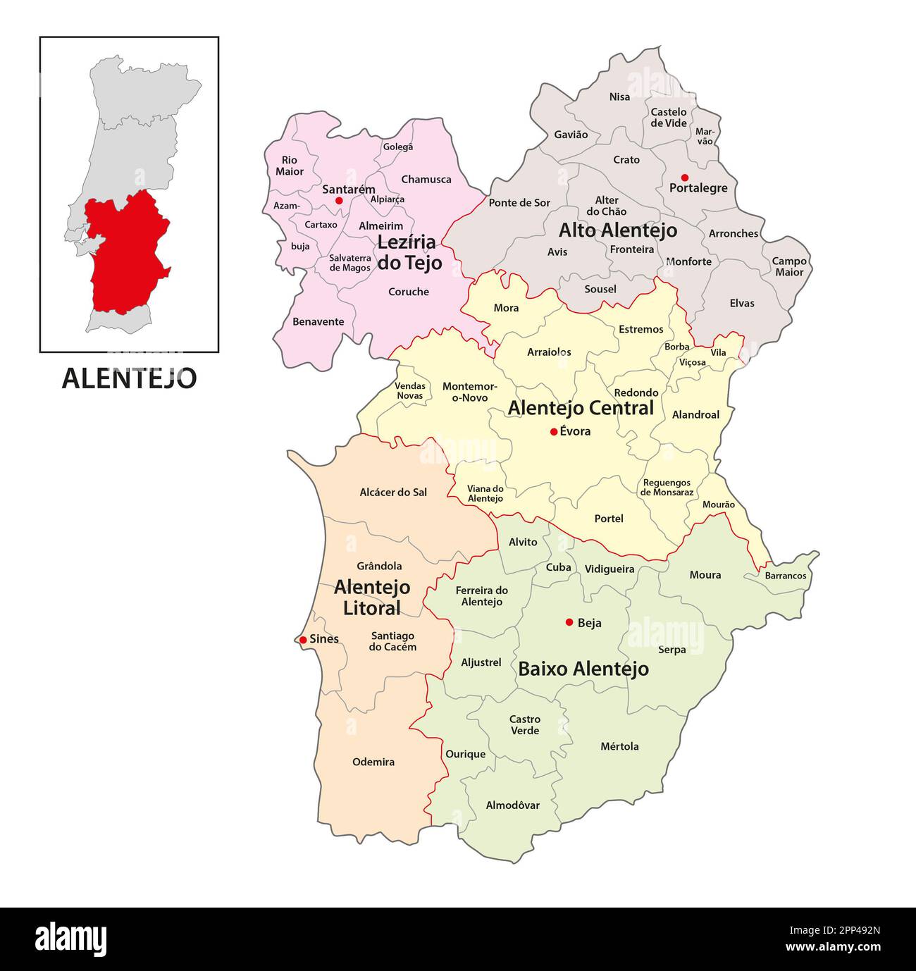Verwaltungsvektorkarte der Region Alentejo im Süden Portugals Stockfoto