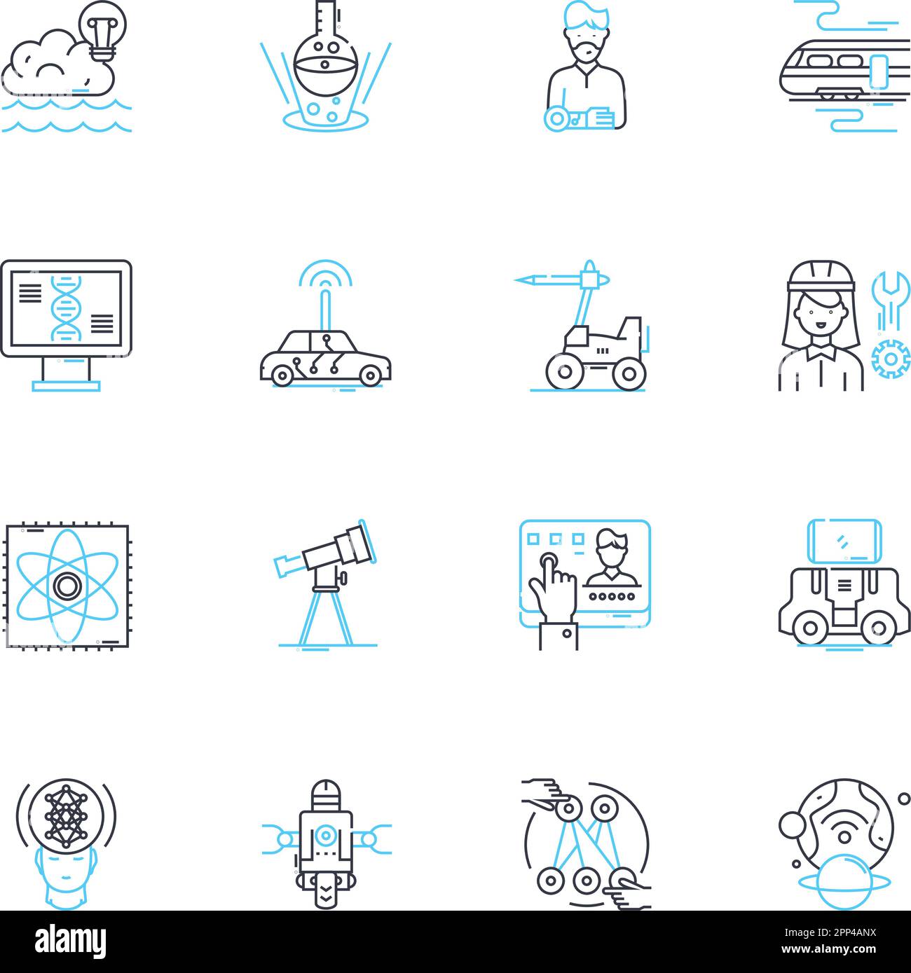 Technologie für maschinelles Lernen, lineare Symbole gesetzt. Algorithmen, Vorhersagen, Daten, Automatisierung, Neuronale, Optimierung, Intelligenzlinienvektor und Konzept Stock Vektor
