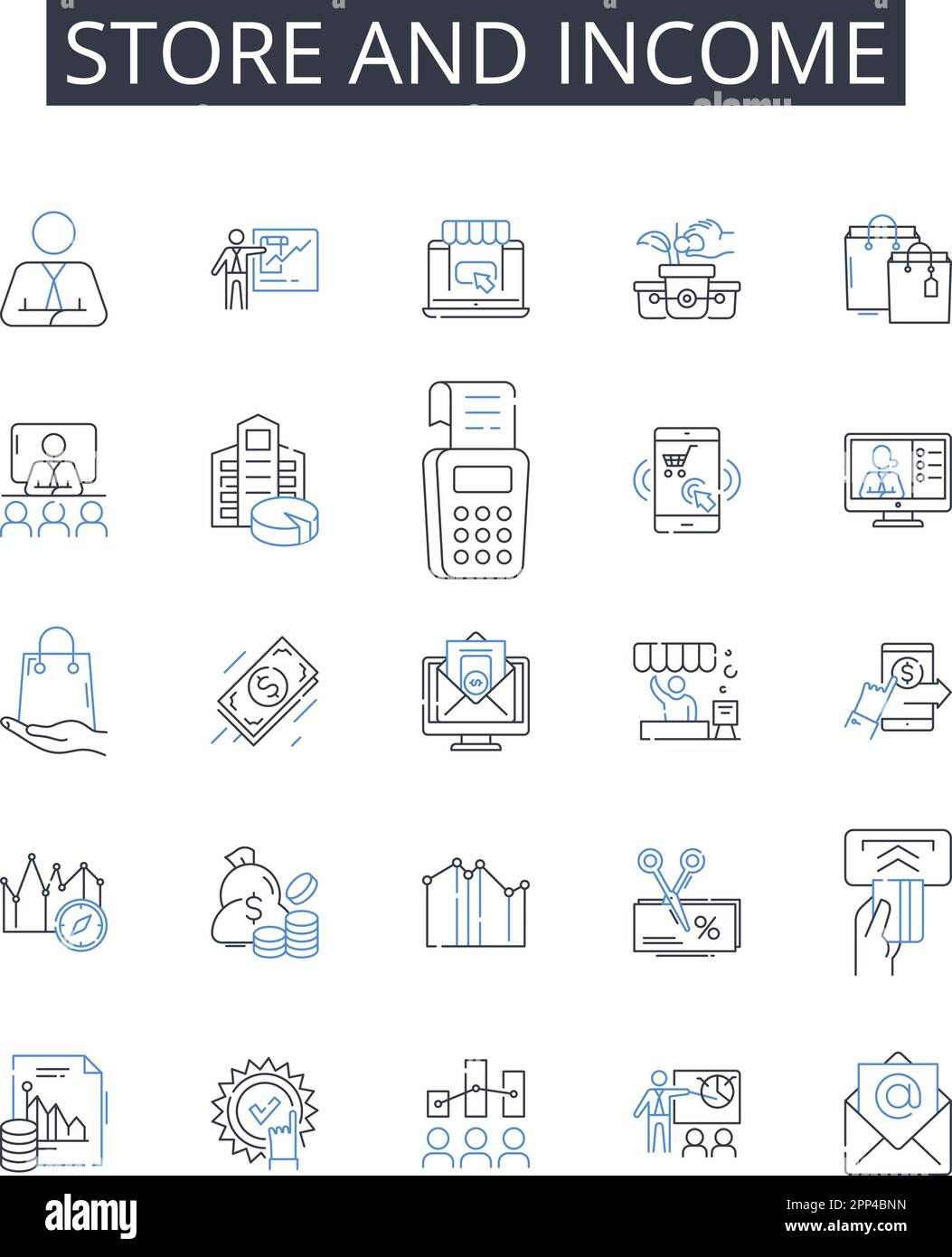 Symbolsammlung für Filialen und Einkommenspositionen. Shop and Revenue , Market and Earnings , Boutique and Profit , Warehouse and Gain , Outlet und Return Stock Vektor