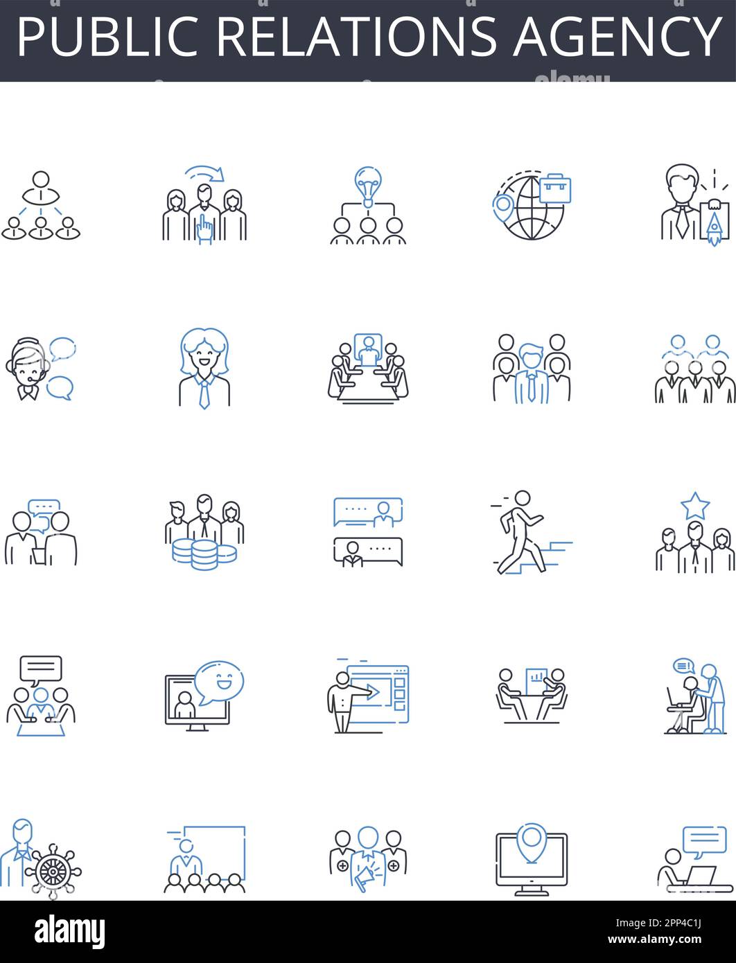 Symbolsammlung der PR-Agentur. Marketingunternehmen, Kommunikationsunternehmen, Werbeagentur, Reputationsmanagement, Media Relations, Marke Stock Vektor