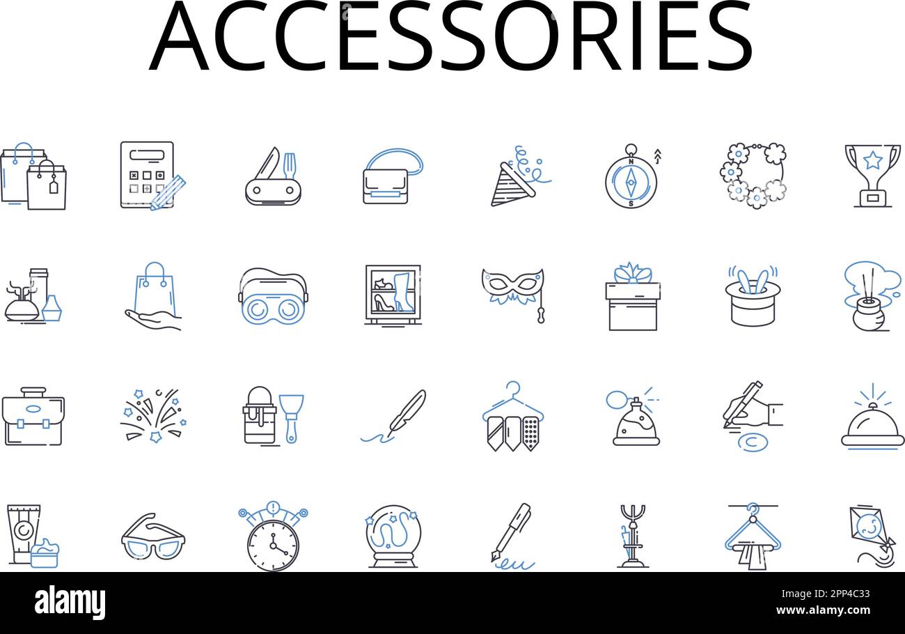 Symbolsammlung für Zubehörzeilen. Dekorationen, Schmuckstücke, Ornamente, Verzierungen, Dekorationen, Add-ons, Parfümvektor und lineare Darstellung Stock Vektor