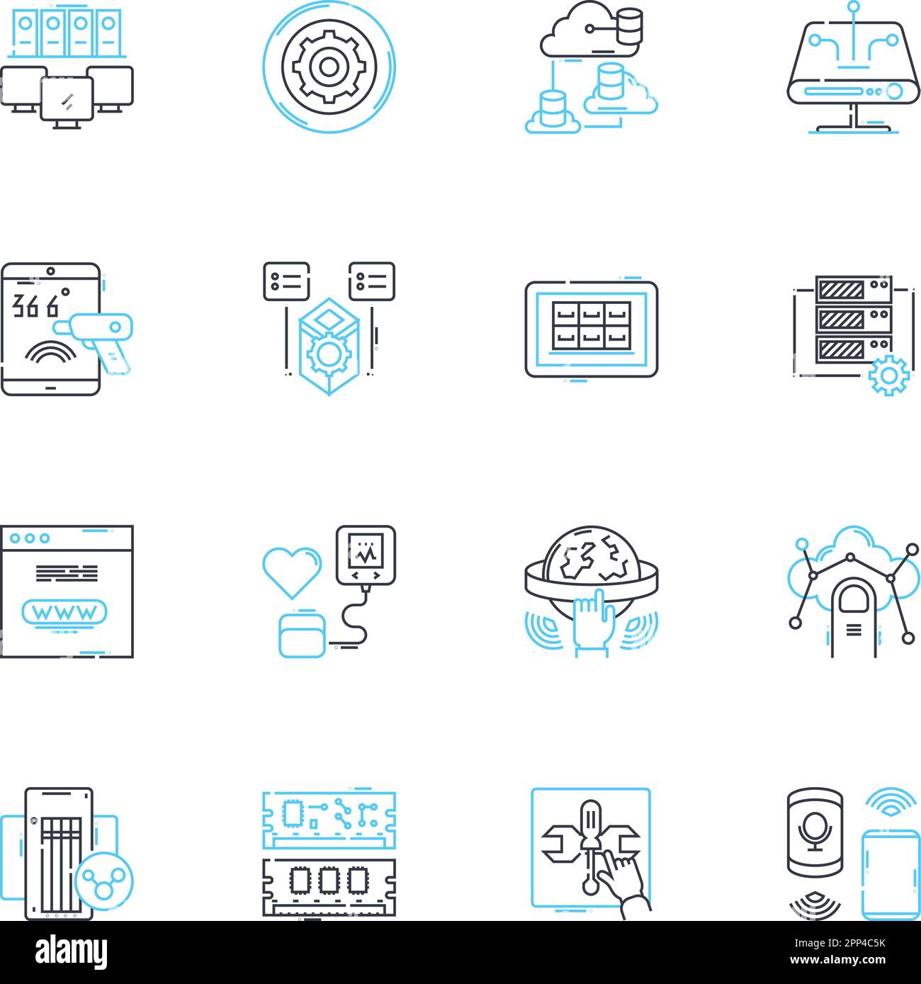 Lineare Symbole für Cybersicherheit festgelegt. Verschlüsselung, Firewall, Malware, Sicherheitsverstoß, Passwörter, Cyberkriminalität, Phishing-Linienvektor und Konzeptzeichen. Cyberangriff Stock Vektor