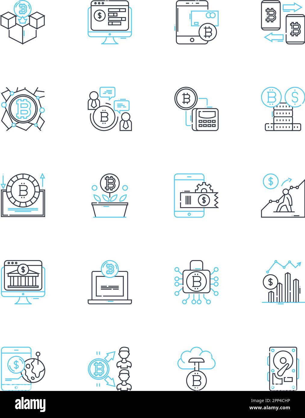 Blockchain-Technologie Lineare Symbole gesetzt. Dezentralisierung, Kryptowährung, Sicherheit, Transparenz, Smart Contracts, Unveränderlicher, verteilter Linienvektor Stock Vektor