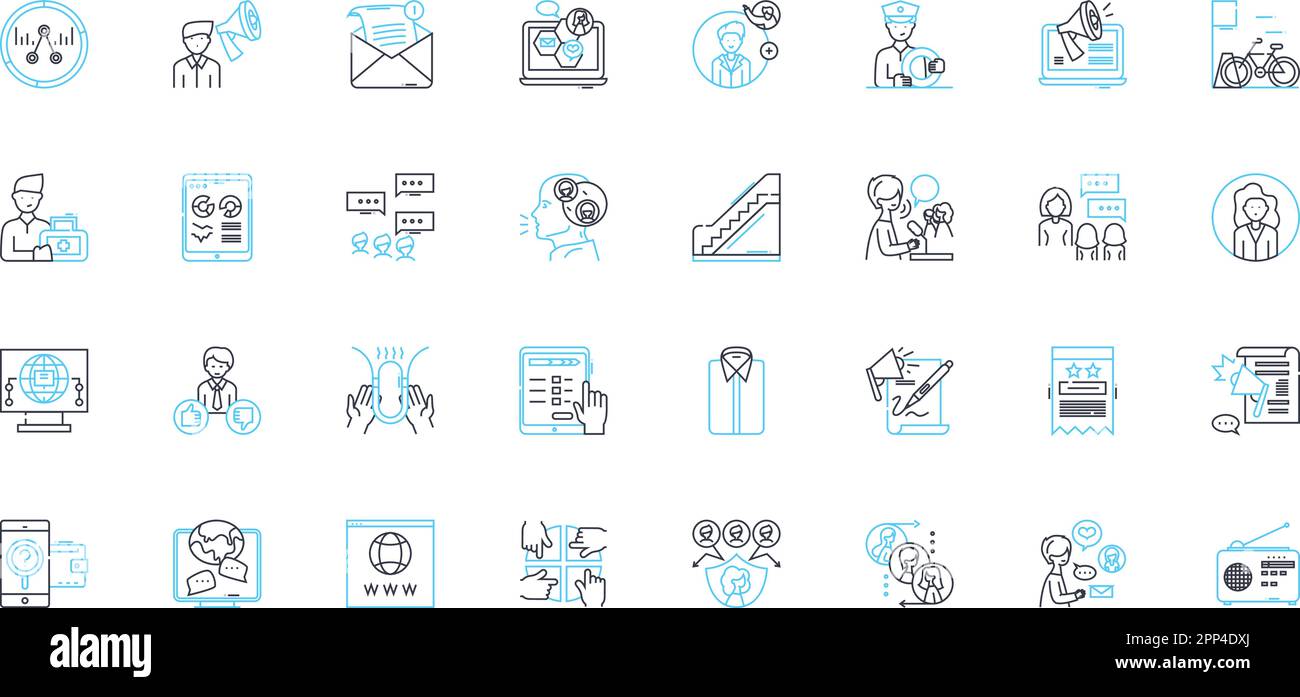 Lineare Symbole für die Interaktion mit der Community. Beteiligung, Zusammenarbeit, Beteiligung, Verbindung, Befähigung, Interaktion, Kontaktlinienvektor und Stock Vektor