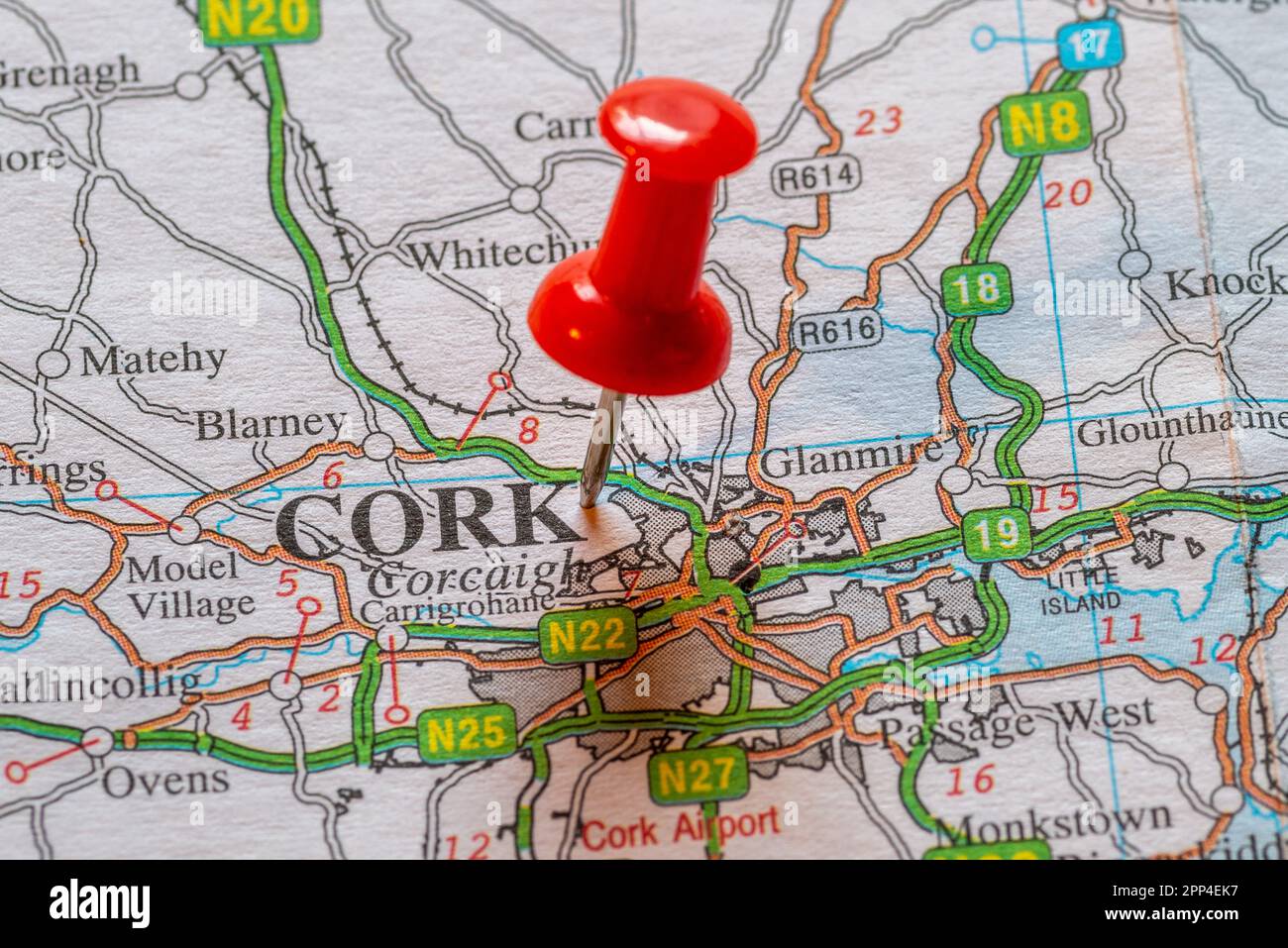 PIN in Kartenmarkierung Cork, Irland. Stockfoto