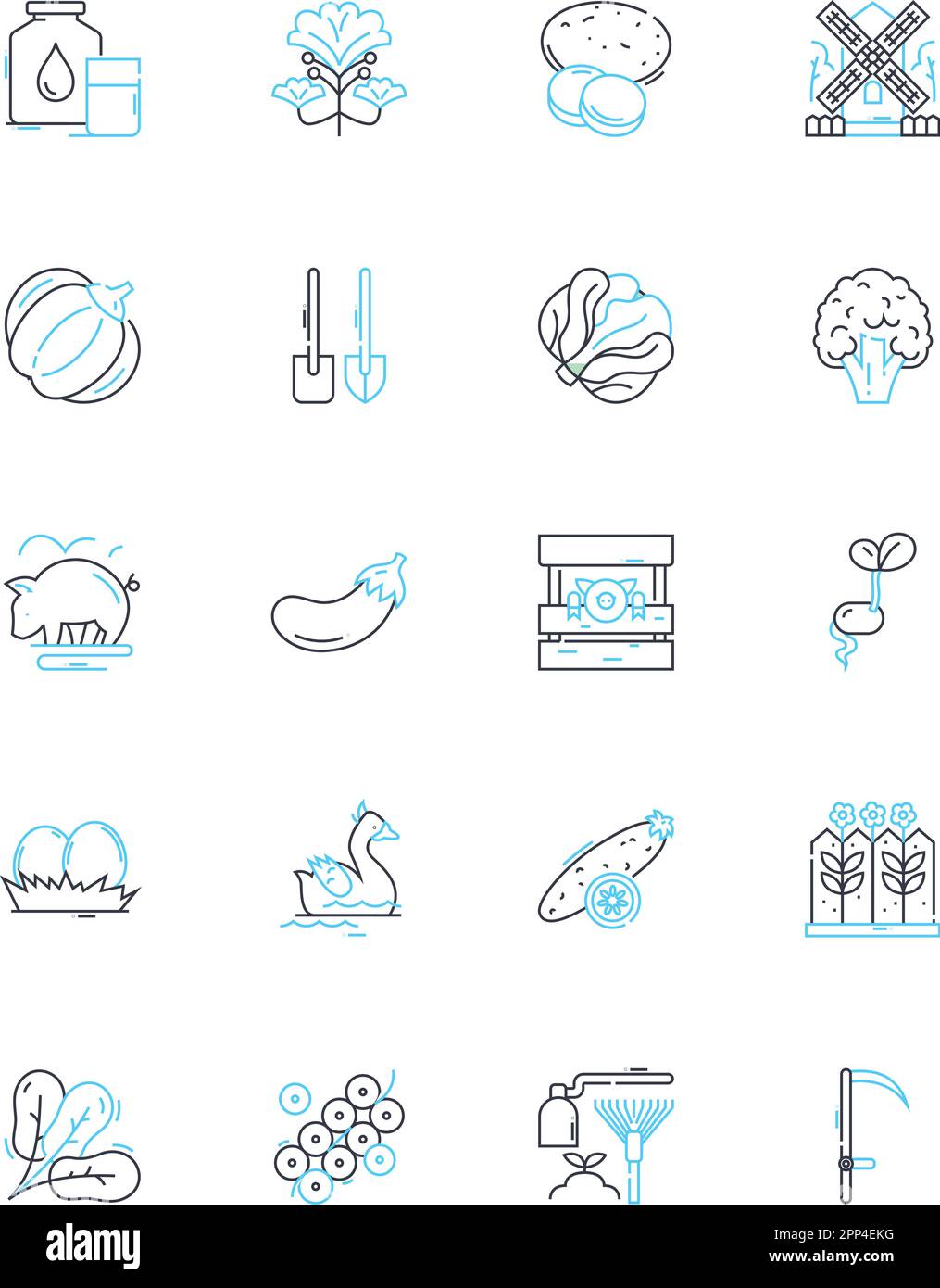 Linearer Symbolsatz für Landwirtschaftstechnik. Bewässerung, Boden, Ernte, Erntegut, Traktor, Schilder für Milchprodukte, Landwirtschaftslinien und Konzepte. Bewässerungsgerät Stock Vektor
