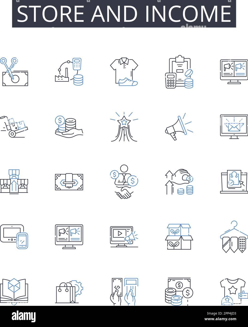 Symbolsammlung für Filialen und Einkommenspositionen. Shop and Revenue , Market and Earnings , Boutique and Profit , Warehouse and Gain , Outlet und Return Stock Vektor