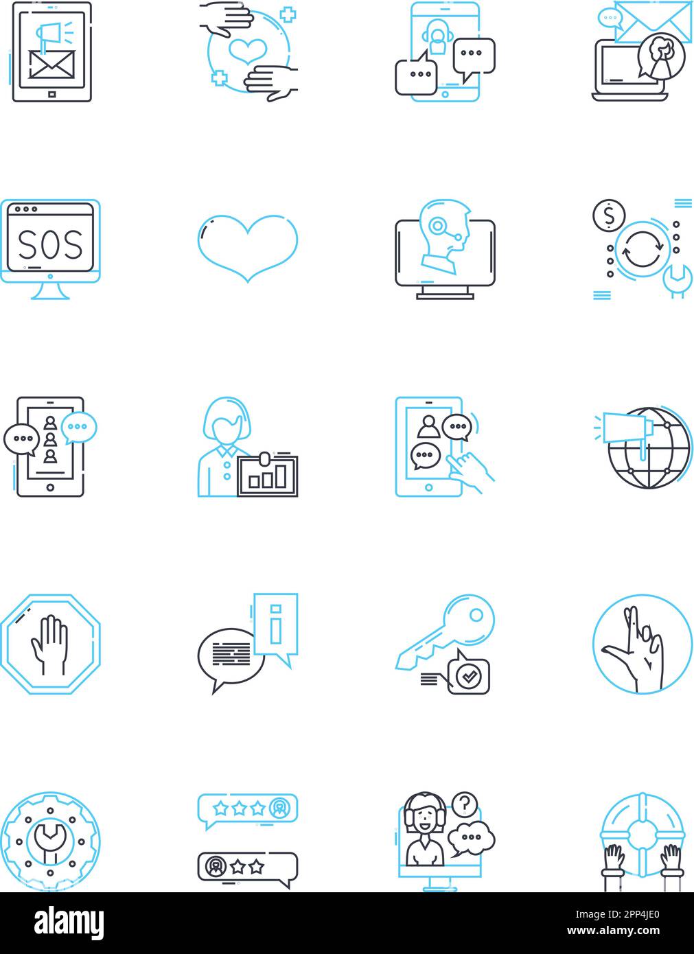 Internet-Unterstützung für lineare Symbole festgelegt. Konnektivität, Breitband, Wi-Fi, Nerk, Router, Modem, Fehlerbehebung bei Linienvektoren und Konzeptschildern. Hilfe Stock Vektor