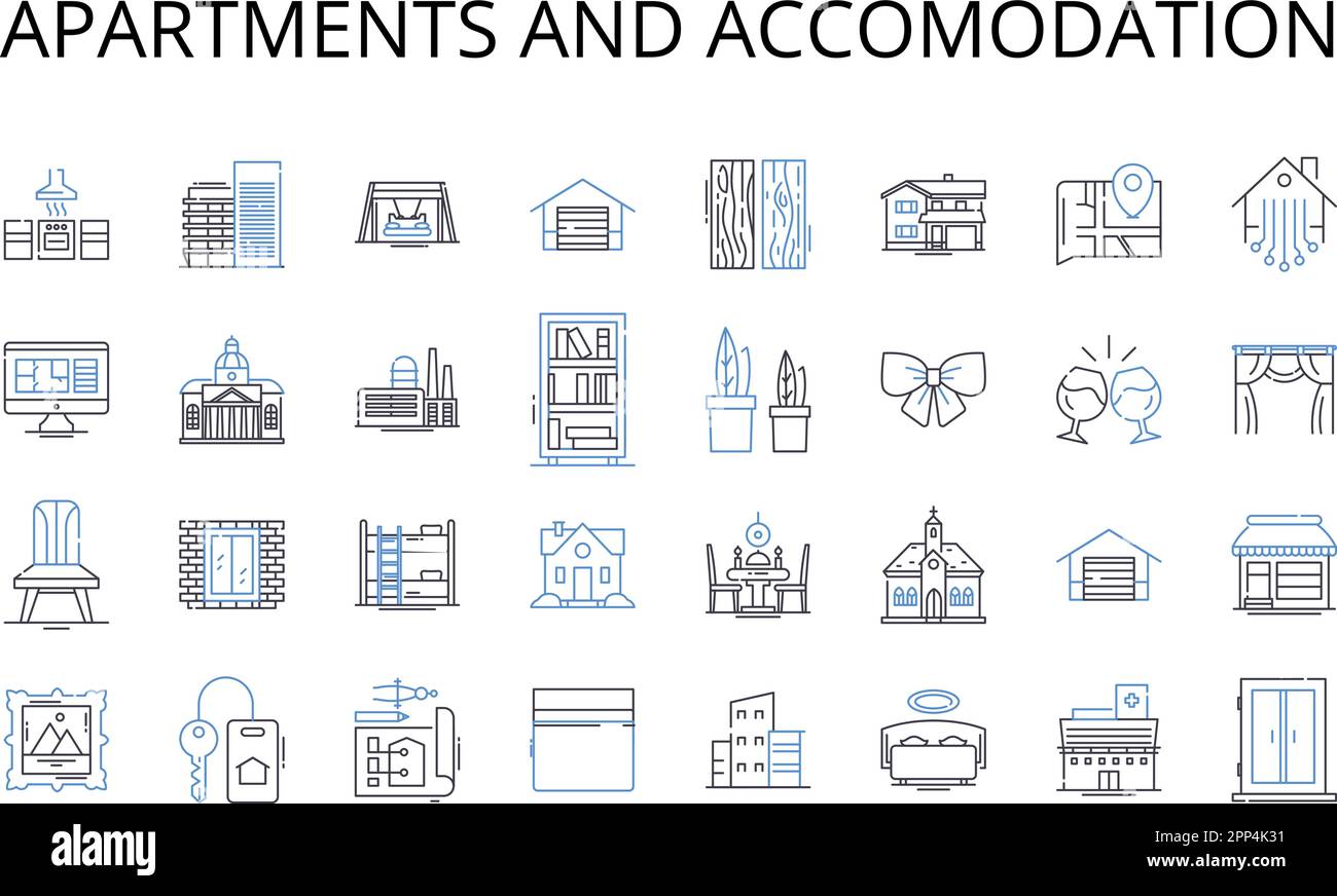 Ikonensammlung für Apartments und Unterkünfte. Skyline und Horizont, Unterkunft und Haus, Gebäude und Struktur, Immobilien und Anwesen, Wohnsitz und Stock Vektor