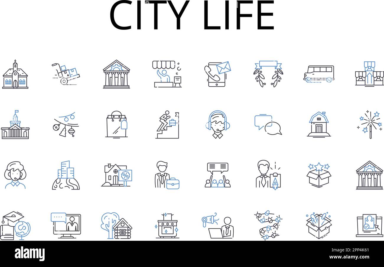 City Life Line Icons Kollektion. Ländliches Leben, Großstadt, städtisches Leben, Dorfleben, Metropolis Leben, Vorstadtleben, geschäftiges Treiben und Stock Vektor