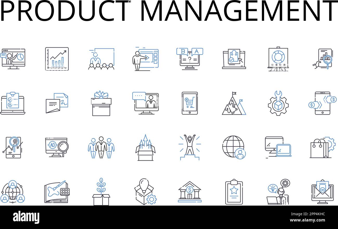 Symbolsammlung für Produktmanagement-Linien. Geschäftsentwicklung, Markenmanagement, Marketingstrategie, Vertriebsaktivitäten, Teamführung, Projekt Stock Vektor