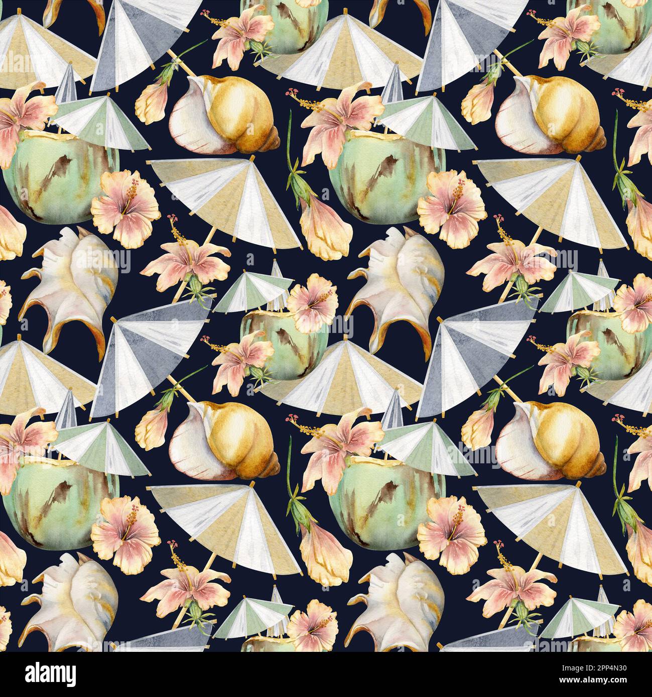 Handgezeichneter, wässriger Kokosnuss-Cocktail mit Papierschirm und Hibiskus. Nahtloses Muster. Isoliert auf farbigem Hintergrund. Wandbild, Hochzeit, Druck Stockfoto