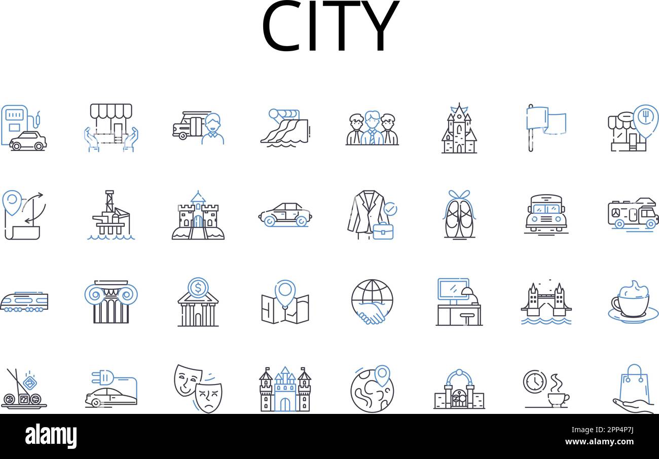 City Line Icons Kollektion. Stadt, Metropolis, Hauptstadt, Gemeinde, Township, Siedlung, Ballungsvektor und lineare Darstellung. Stadtgebiet Stock Vektor