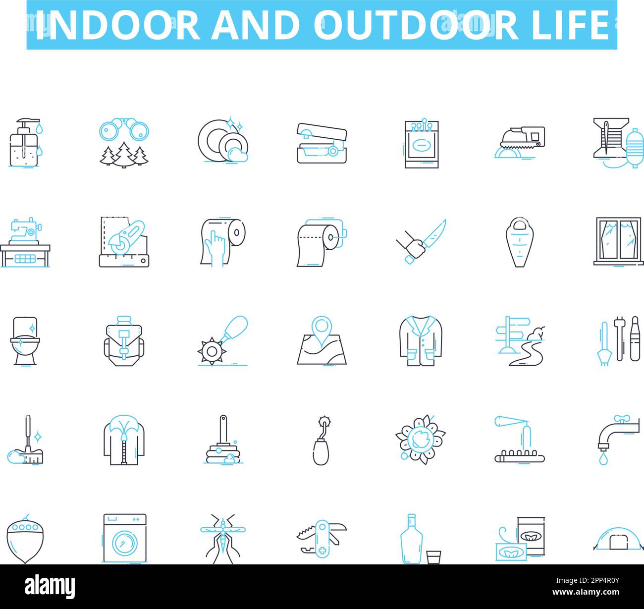 Lineare Symbole für Innen- und Außenbereiche. Ndoor: Gemütlich, warm, komfortabel, geschützt, Heimelige, ruhige Linienvektor- und Konzeptzeichen. Entspannend, Einladend Stock Vektor