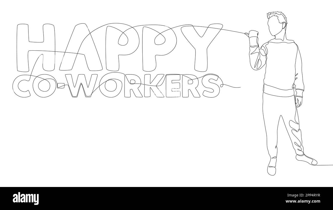 Eine durchgehende Linie von Mann, die mit dem Finger auf das Wort "Happy Co-Workers" zeigt. Vektorkonzept zur Darstellung dünner Linien. Kontur Zeichnen kreativer Ideen. Stock Vektor