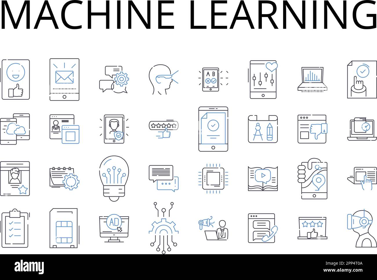 Symbolsammlung für Machine Learning Line. Künstliche Intelligenz, Automatisiertes Lernen, Data Mining, Datenanalyse, Deep Learning, Natürliche Sprache Stock Vektor