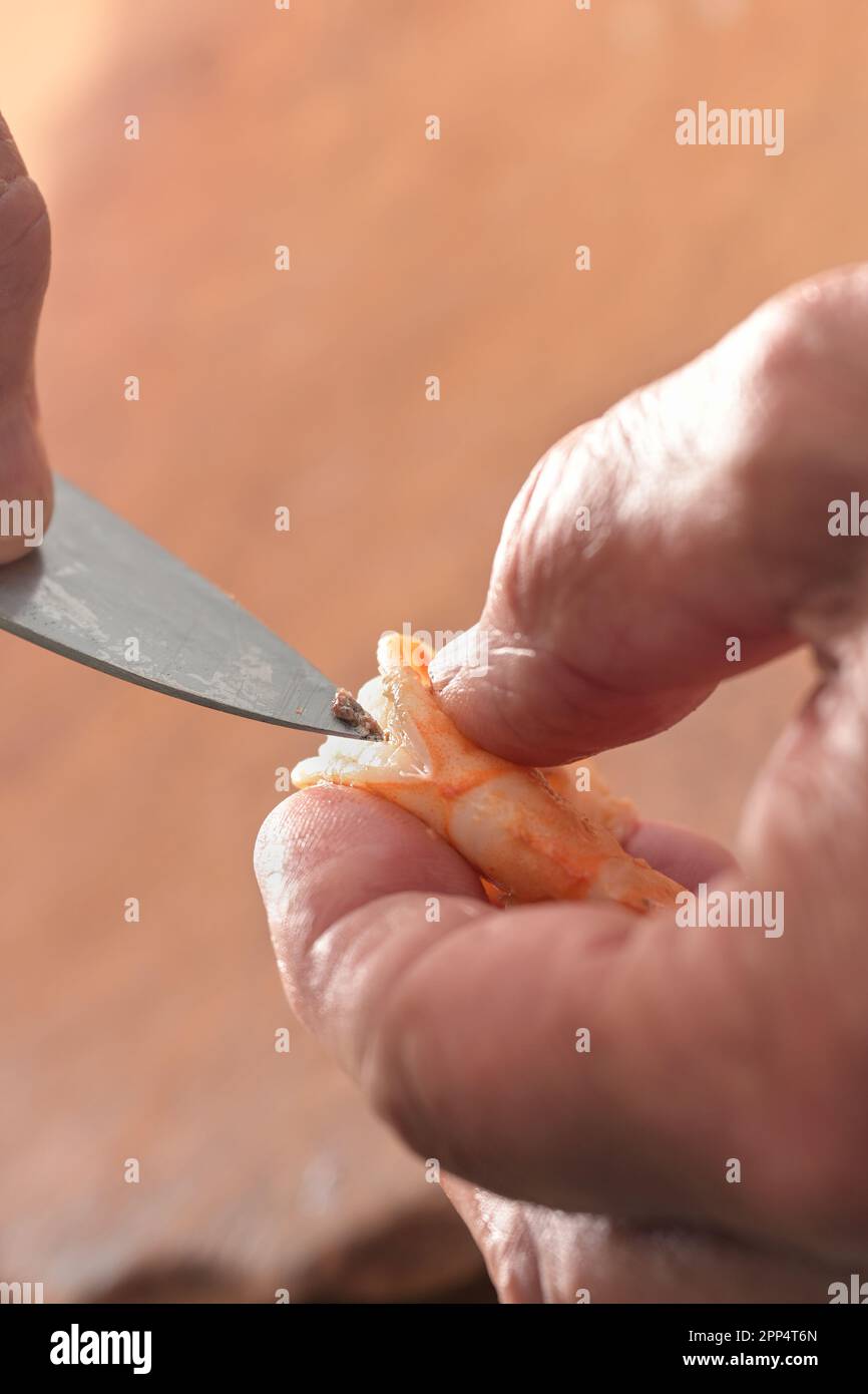 Hand hält eine Garnele und entfernt die Eingeweide mit einem Messer, Vorbereitung zum Kochen einer Meeresfrüchte Mahlzeit, Kopierraum, Nahaufnahme, ausgewählter Fokus, sehr enge Abteilung Stockfoto