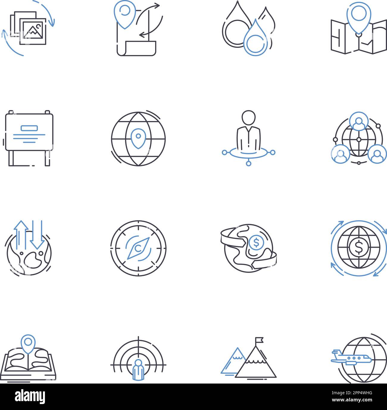 Sammlung von Symbolen der Kartensoftware. Kartografie, GIS, Georaum, Navigation, Topographie, Projektionen, räumlicher Vektor und lineare Darstellung Stock Vektor