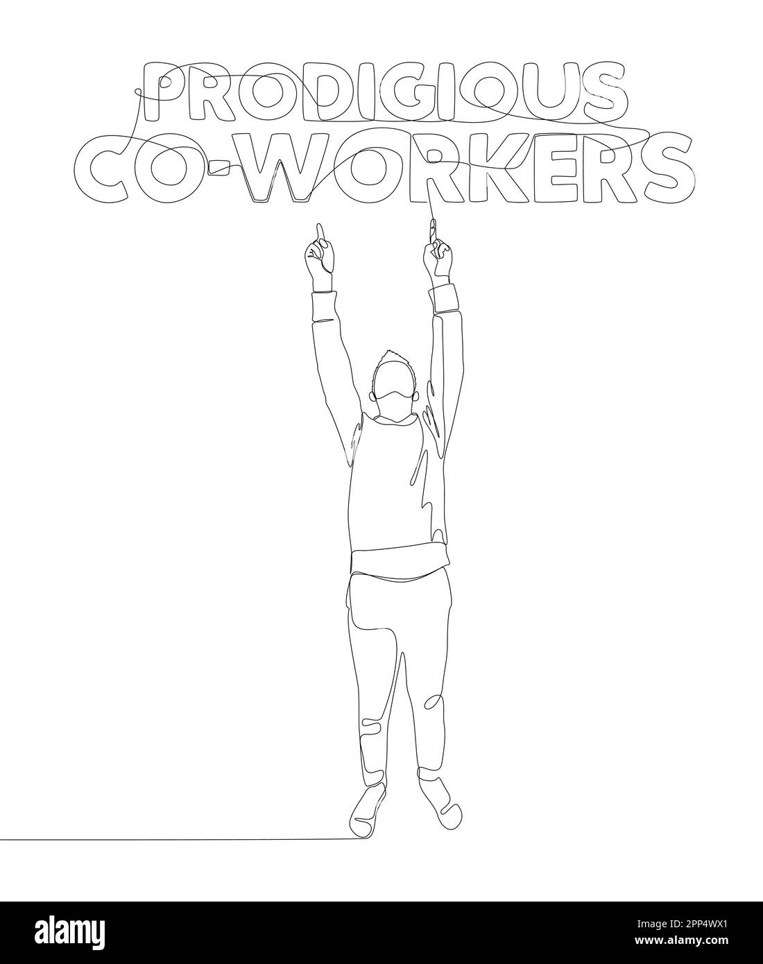 Eine durchgehende Linie von Mann, die mit dem Finger auf das Wort eines Kollegen zeigt. Vektorkonzept zur Darstellung dünner Linien. Kontur Zeichnen kreativer Ideen. Stock Vektor