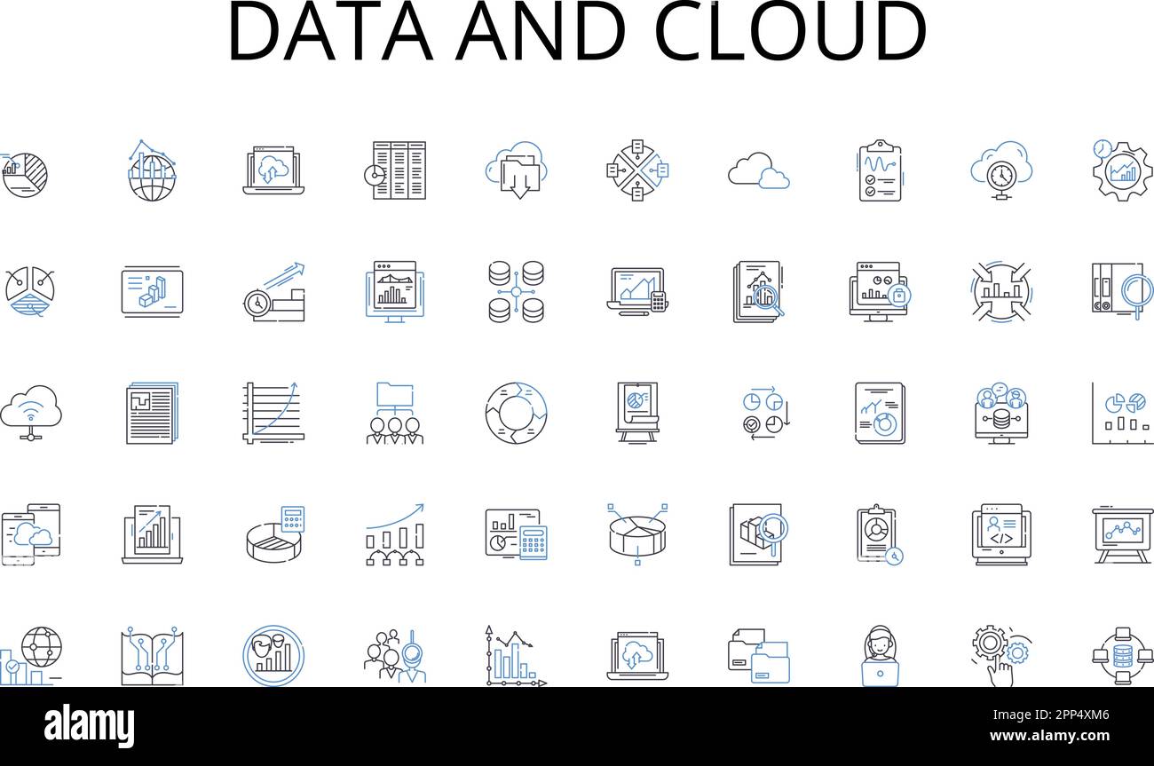 Sammlung von Daten- und Cloud-Line-Symbolen. Bewusstsein, Identität, Positionierung, Engagement, Differenzierung, Loyalität, Strategievektor und lineare Illustration Stock Vektor