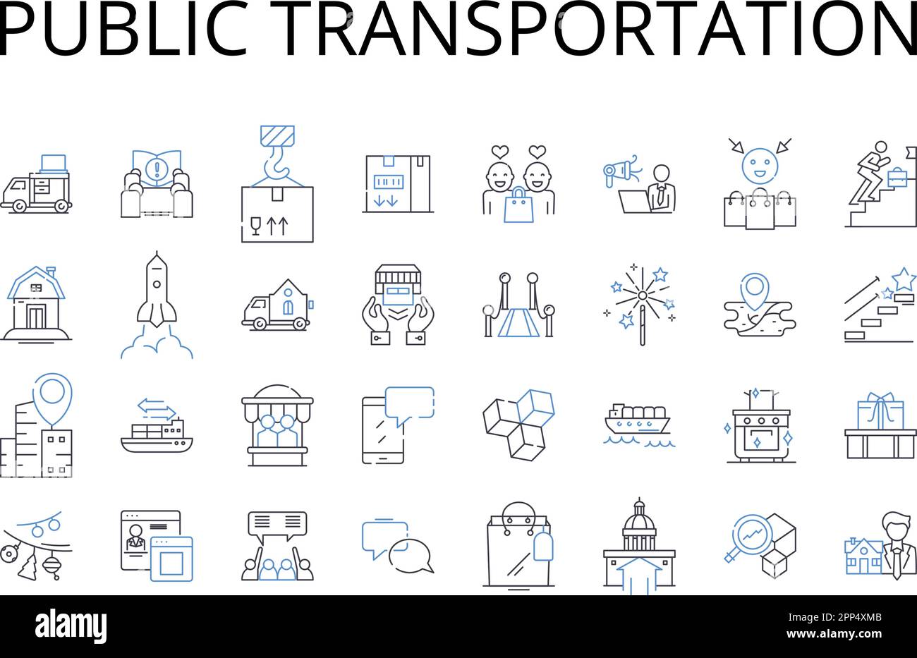 Icons-Sammlung für öffentliche Verkehrsmittel. Öffentlicher Nahverkehr, Pendlerzug, Stadtbus, Mitfahrgelegenheit, Fahrgemeinschaftsspur, Motorradtaxi, Pedikelservice-Vektor Stock Vektor