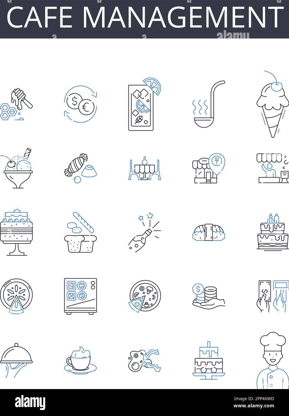 Sammlung der Symbole für die Café-Management-Linie. Restaurantleitung, Bistro-Verwaltung, Coffeehouse-Verwaltung, Eatery-Leitung, Tavern-Leitung, Bar Stock Vektor