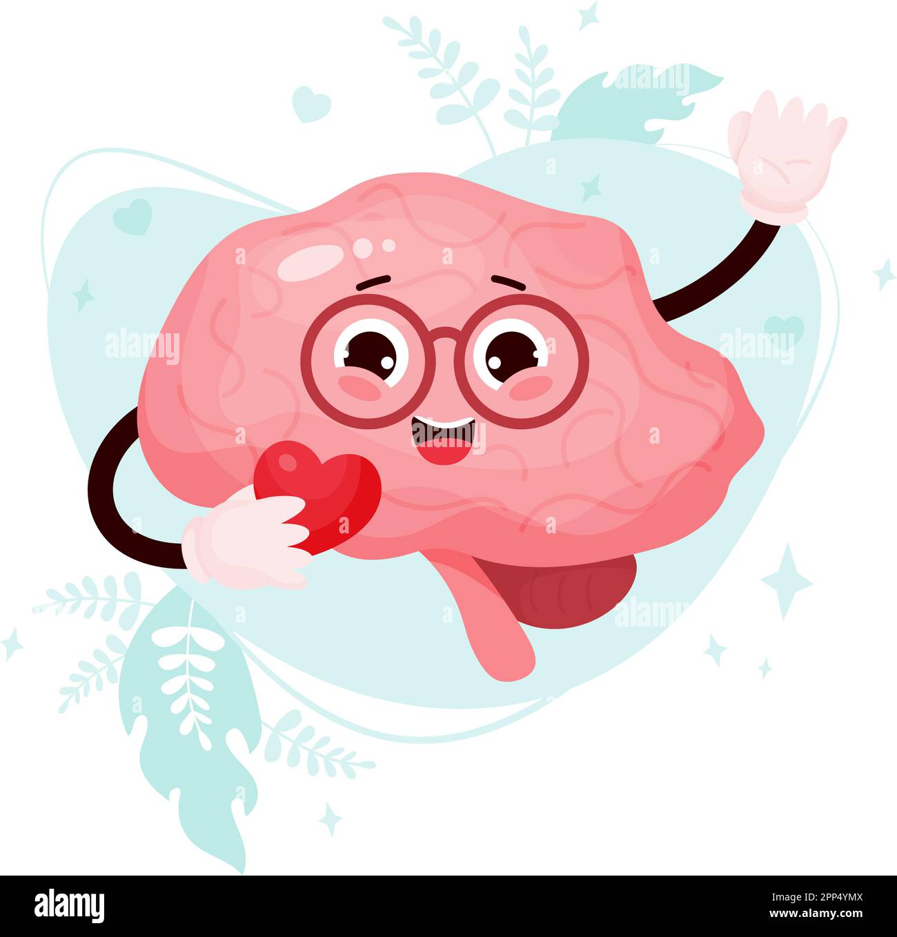 Süße Cartoon-Figur. Komisches lächelndes menschliches Organ in Brille mit Herz in der Hand. Vektordarstellung. Zentralnervensystem-Orgel romantisch Stock Vektor