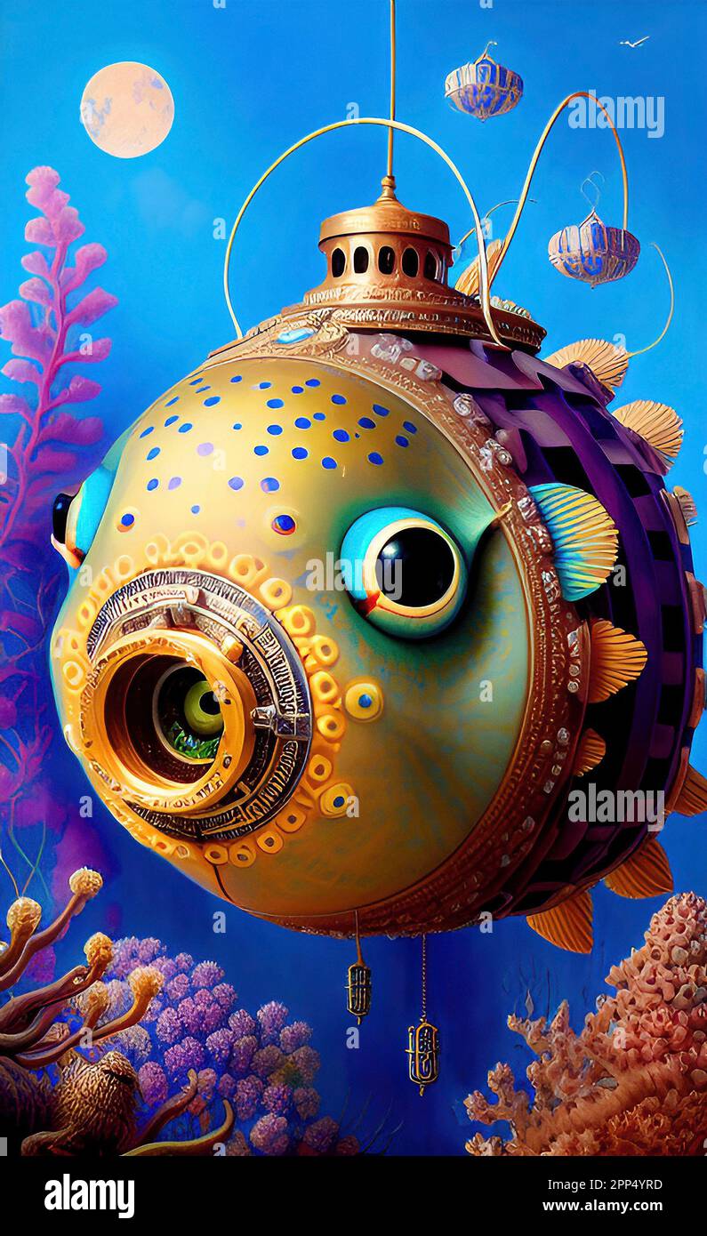 Süße Steampunk Pufferfish-U-Boot-Kunst Stockfoto