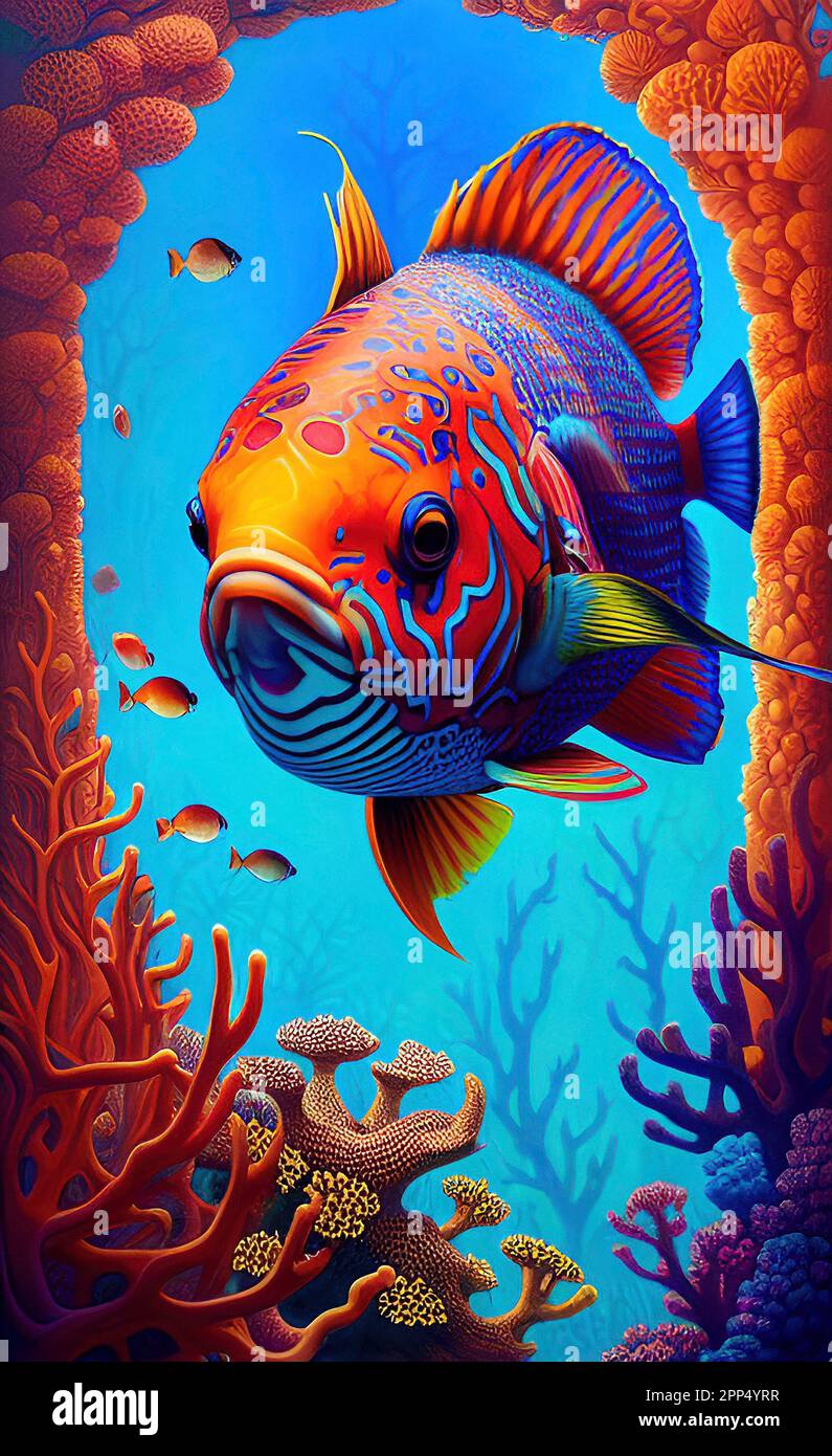 Farbenfrohe Tropische Fisch- Und Korallenriff-Kunst Stockfoto