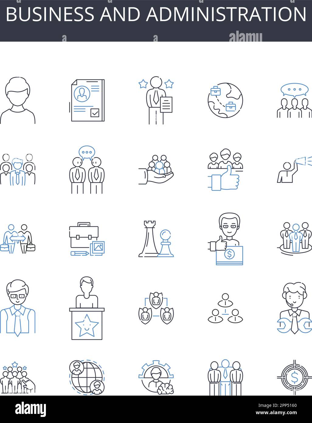 Symbolsammlung für Geschäfts- und Verwaltungslinien. Handel, Management, Finanzangelegenheiten, Führung, Handelsangelegenheiten, Unternehmensangelegenheiten Stock Vektor