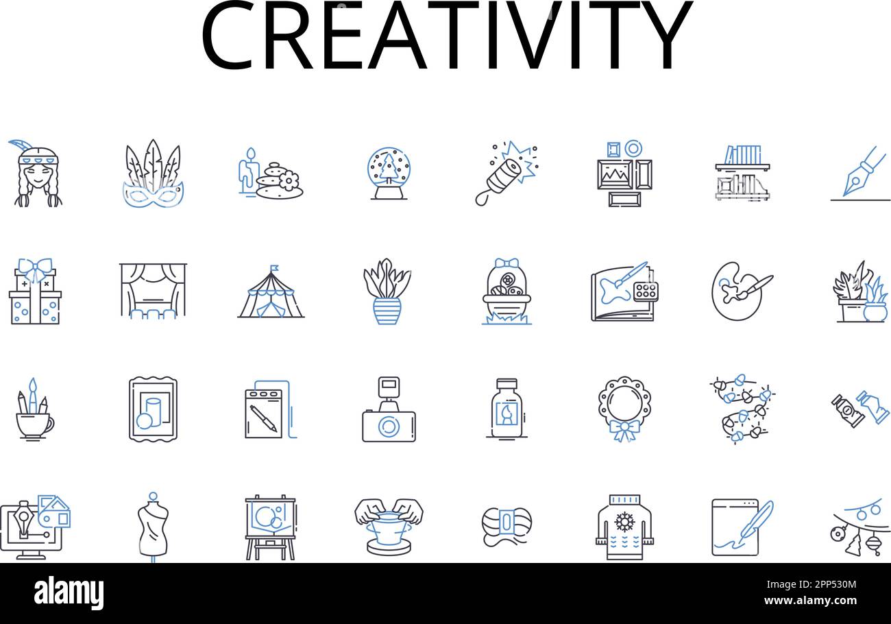 Kollektion mit Symbolen für Kreativitätslinien. Innovation, Neuheit, Einfallsreichtum, Einfallsreichtum, Vorstellungskraft, Erfindungsreichtum, Originalitätsvektor und linear Stock Vektor