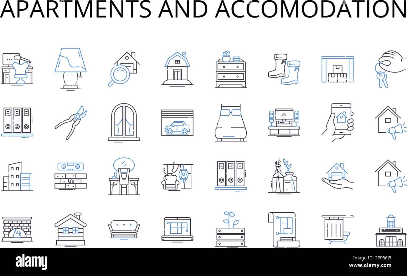 Ikonensammlung für Apartments und Unterkünfte. Skyline und Horizont, Unterkunft und Haus, Gebäude und Struktur, Immobilien und Anwesen, Wohnsitz und Stock Vektor