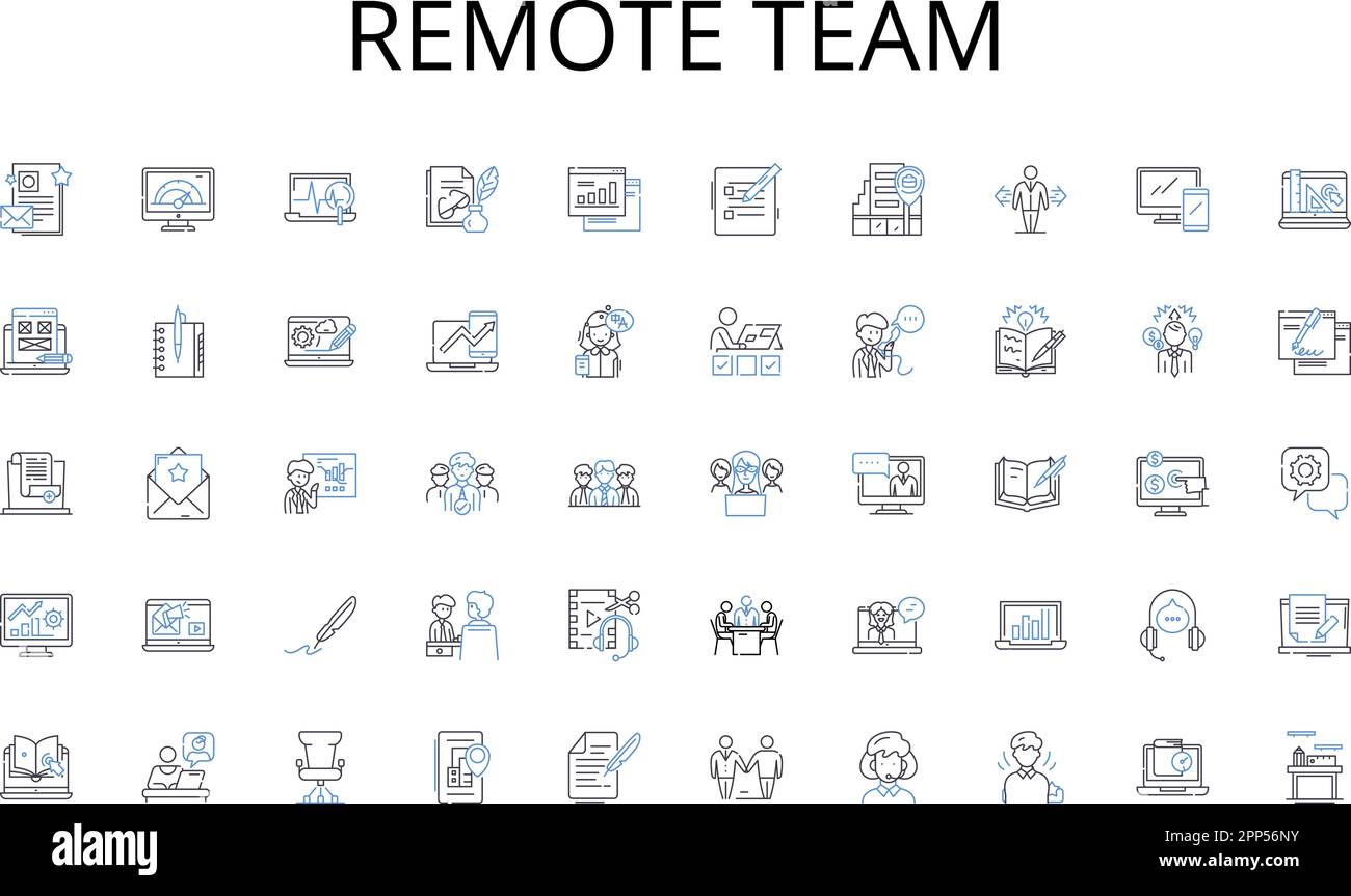 Symbolsammlung für Remote Team Line. Wellen, Sand, Ufer, Seetang, Gezeiten, Korallen-, Seashells-Vektor und lineare Darstellung. Salzwasser, Möwen, Sonnenuntergänge Stock Vektor